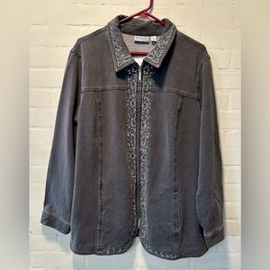 Quacker Factory Dream Jeannes Rhinestone Bling Zip Gray Knit Jacket Size 2X